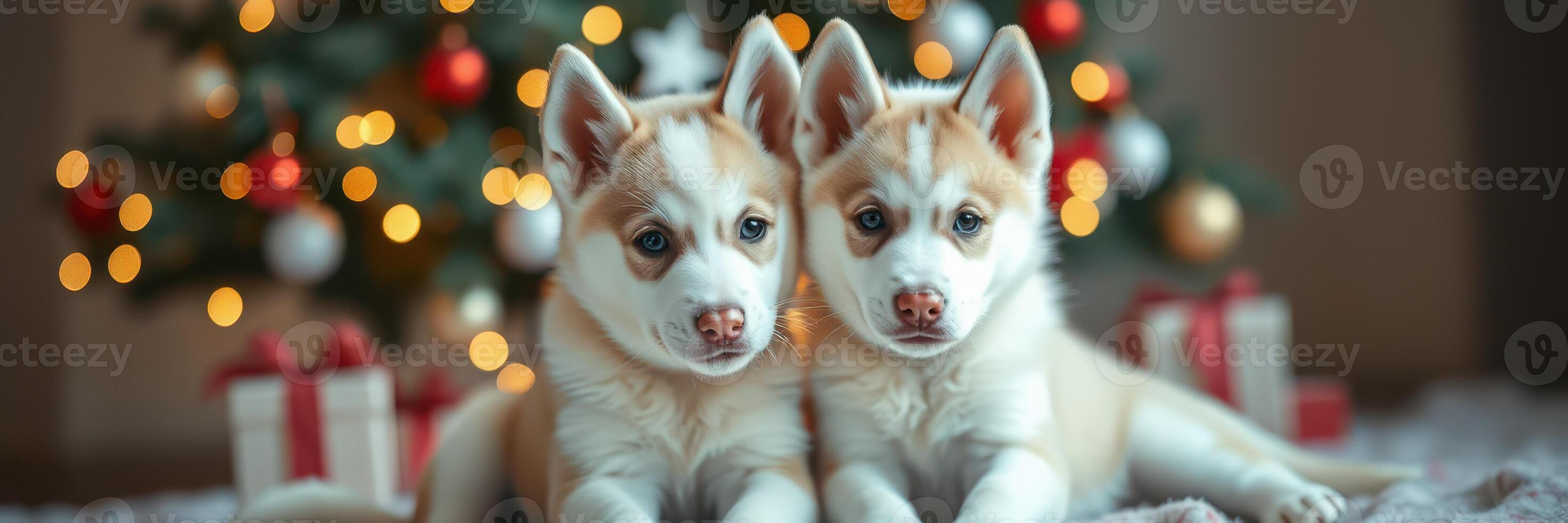 Cute puppies posing together in front of a decorated Christmas tree with warm lights and presents photo