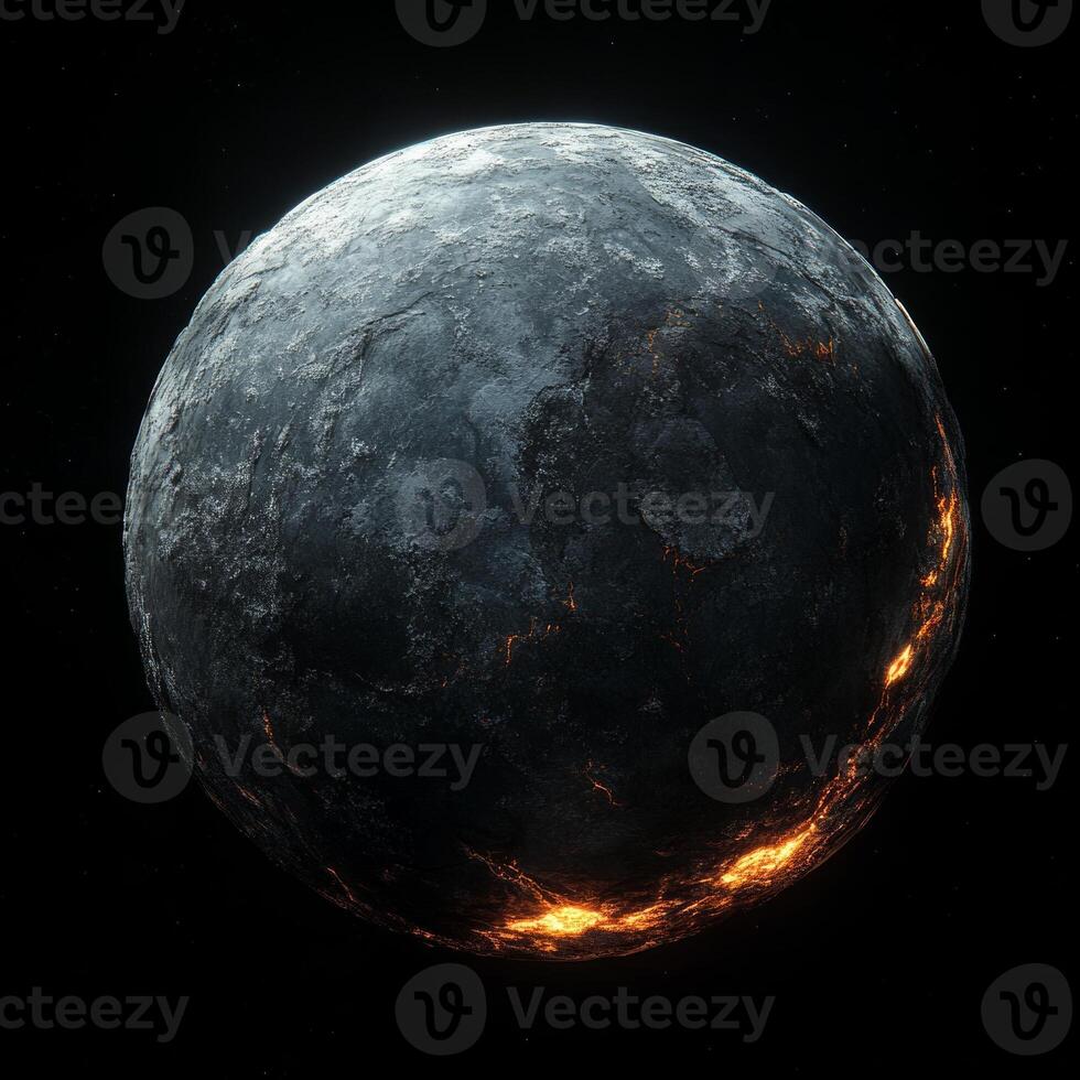 Molten cracks on a moon's surface glowing in darkness photo
