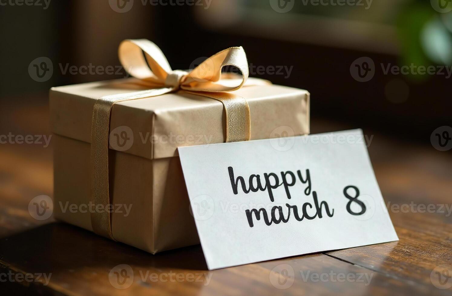 Gift box tied ribbon and postcard for March 8 on the table photo