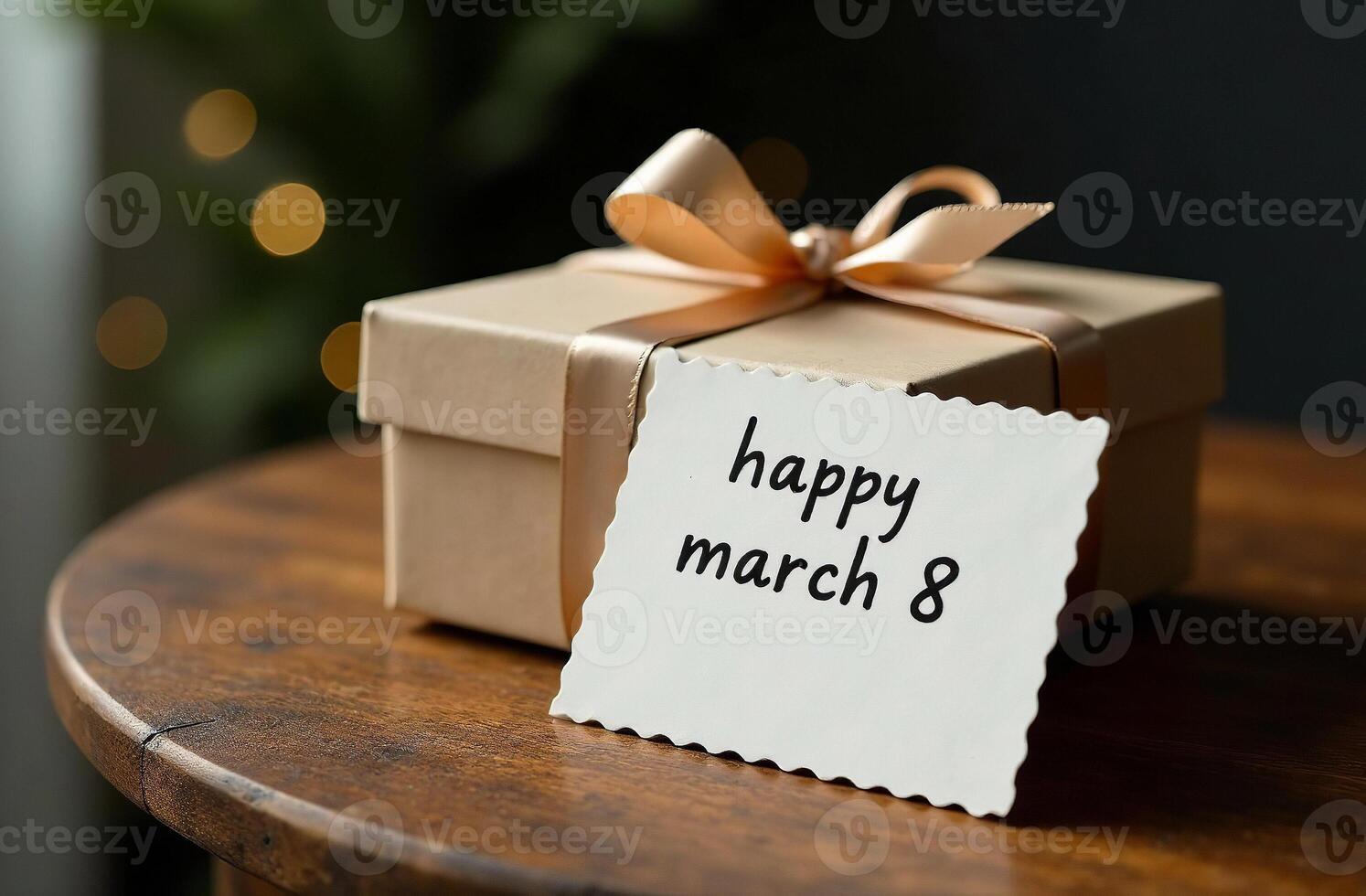 Gift box tied with ribbon feast and postcard for March 8 on the table photo