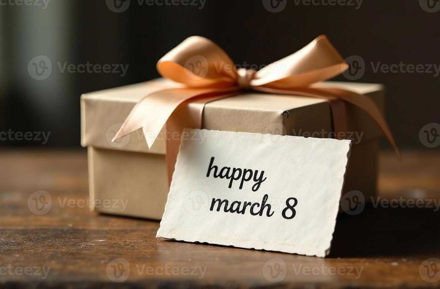 Gift feast box tied with ribbon and postcard for March 8 on the table photo