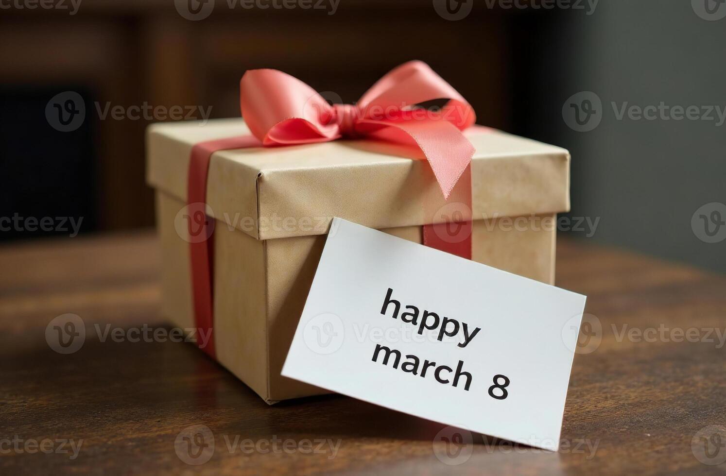 Gift box tied with ribbon and postcard for feast March 8 on the table photo