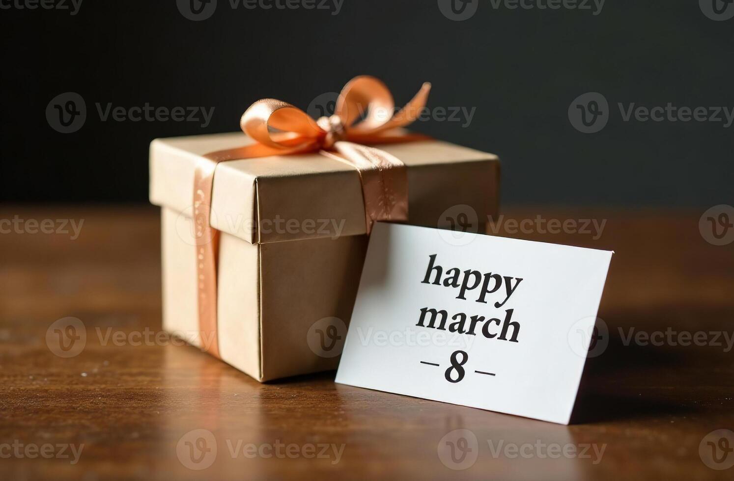 Gift box tied with ribbon and postcard March 8 on table photo