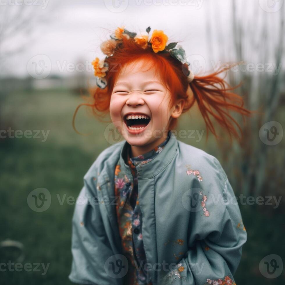 A young girl with red hair is wearing a flowery headband and a blue jacket photo