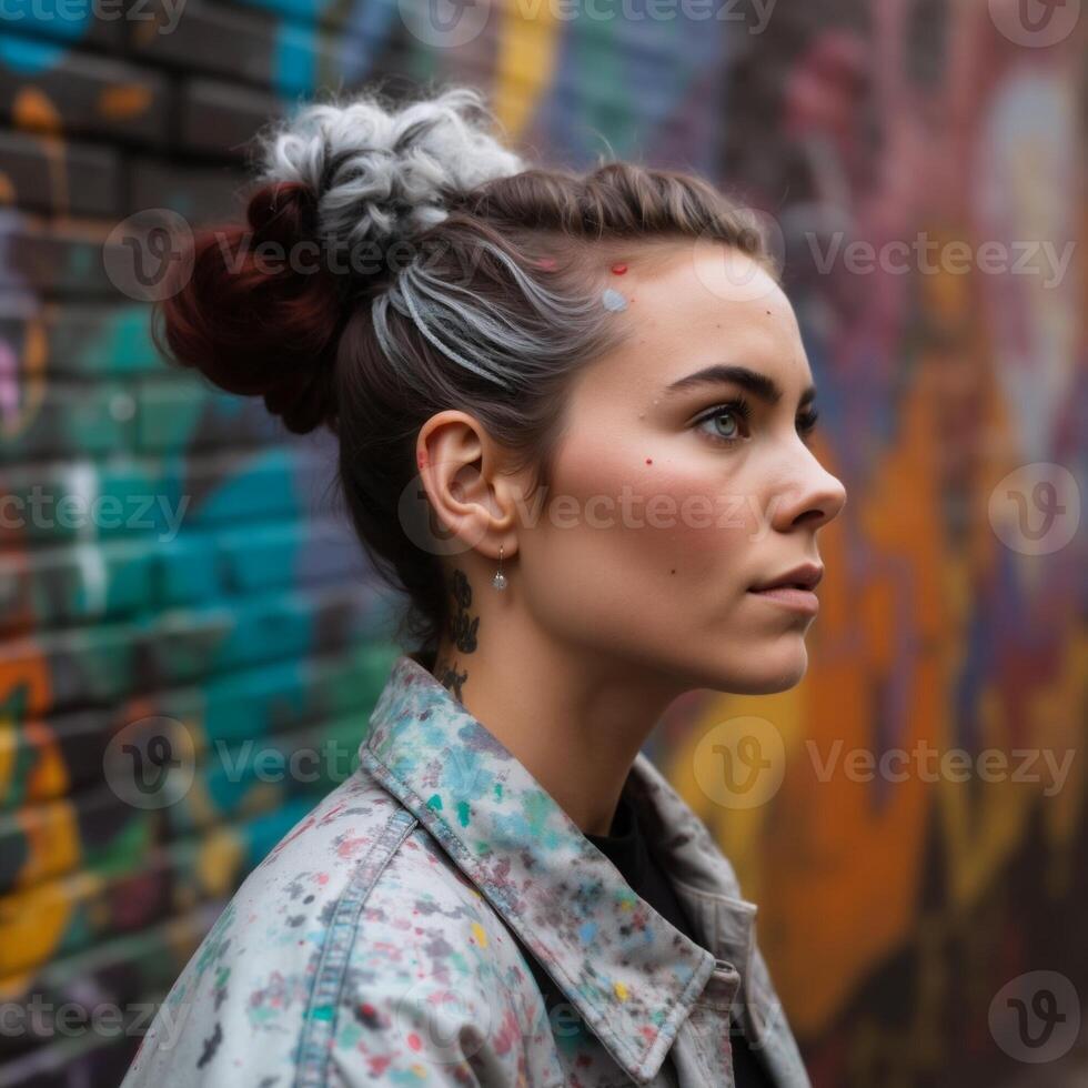 A woman with a colorful jacket and a messy bun with blue and gray streaks photo