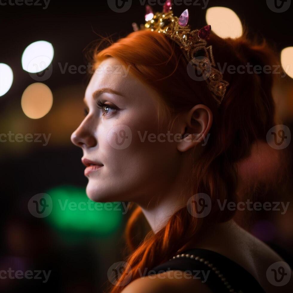A woman with a gold and pink tiara on her head photo