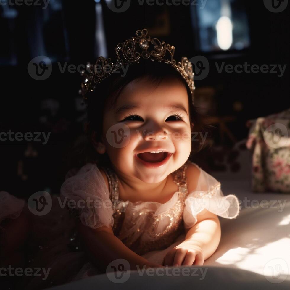 A young girl is wearing a tiara and smiling photo