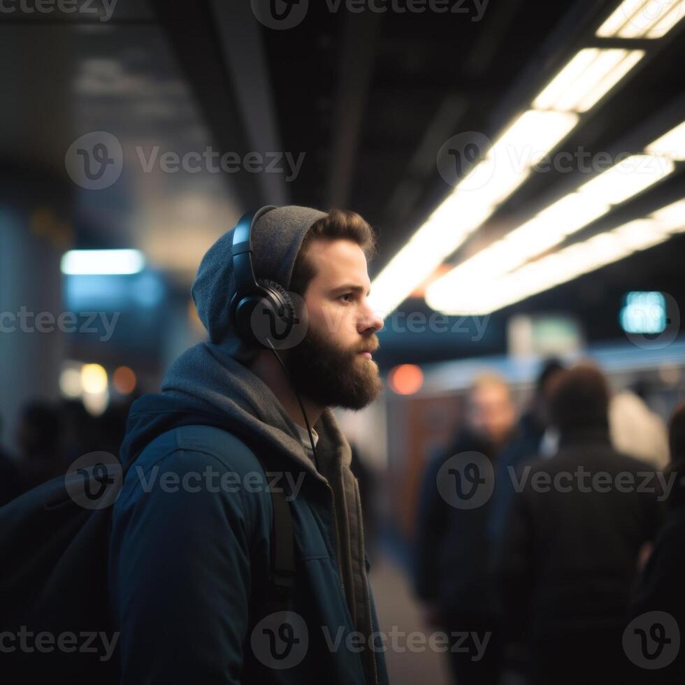 A man wearing a hat and headphones is standing in a subway station photo
