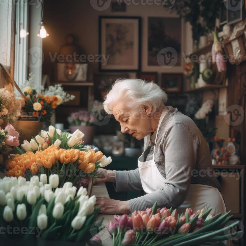 A woman is working in a flower shop, arranging flowers in a vase photo