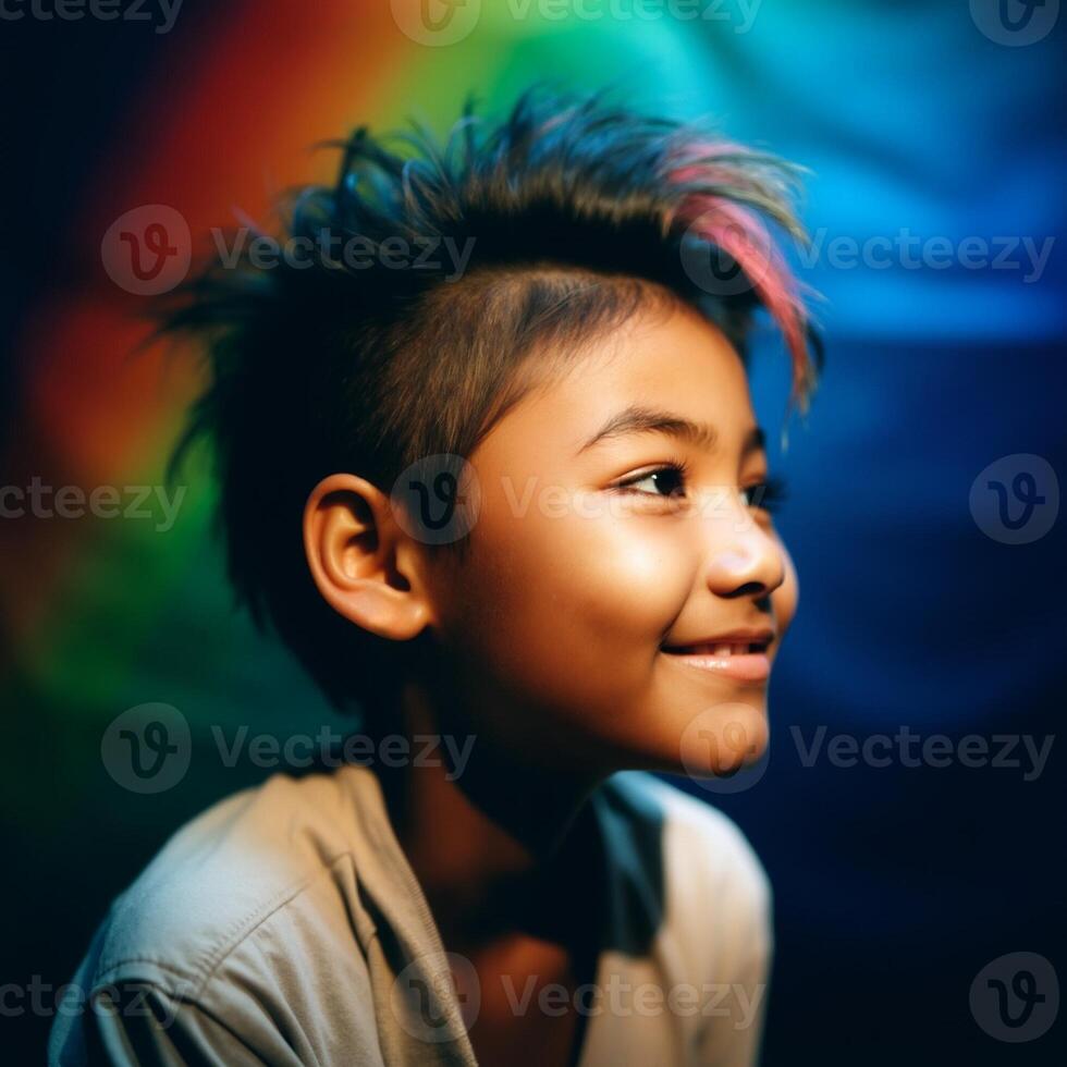 A young boy with a shaved head and pink hair is smiling photo