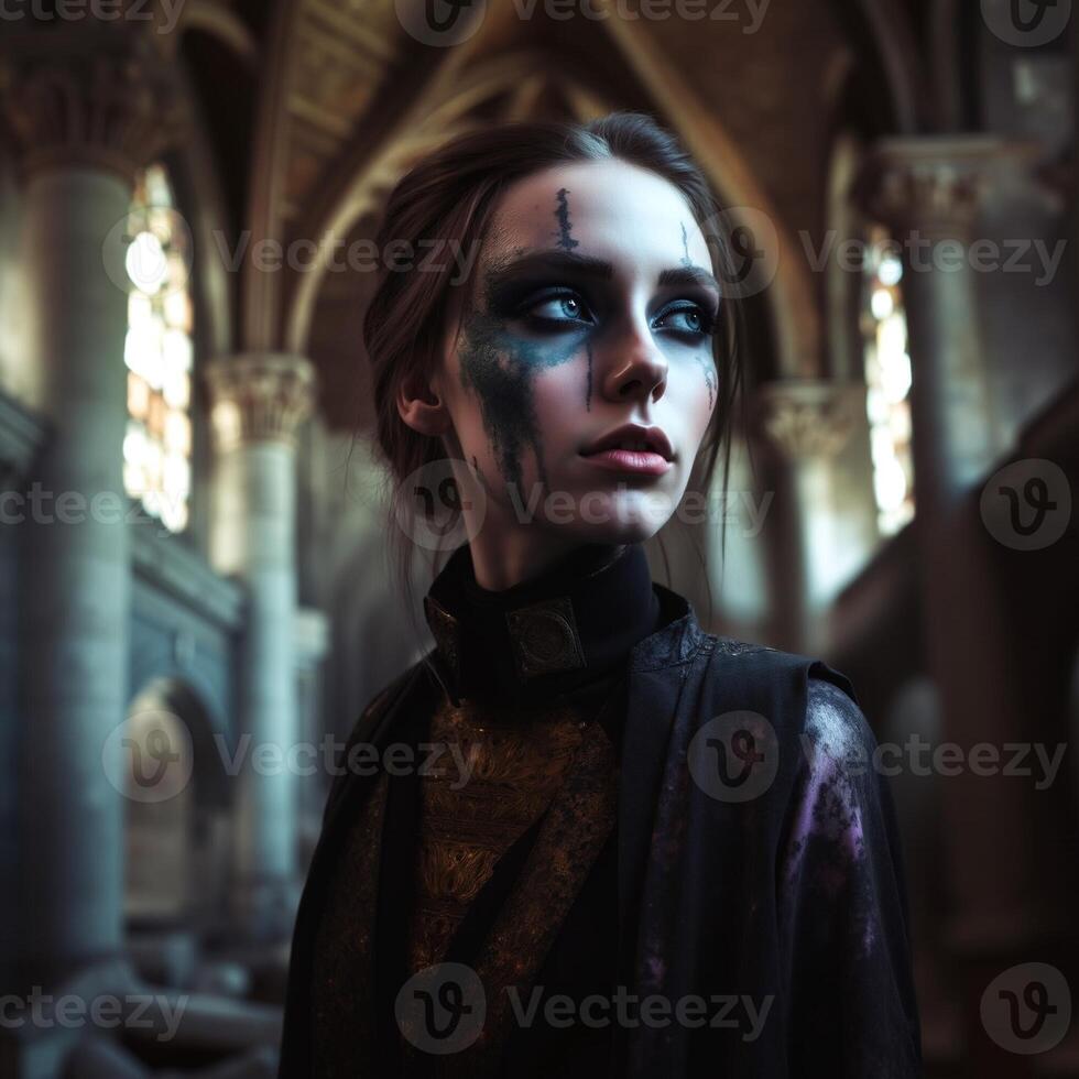 A woman with blue eyes and blue face paint stands in a dark room photo