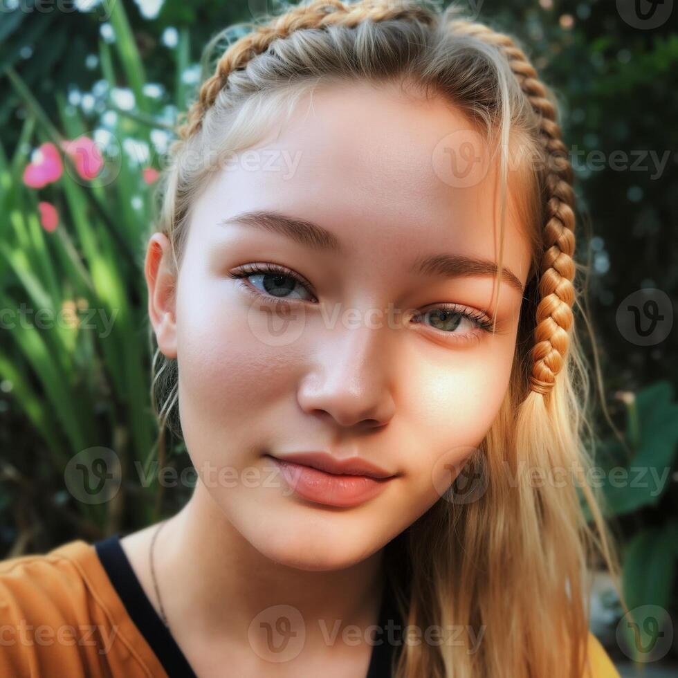 A blonde woman with a braided headband is smiling for the camera photo
