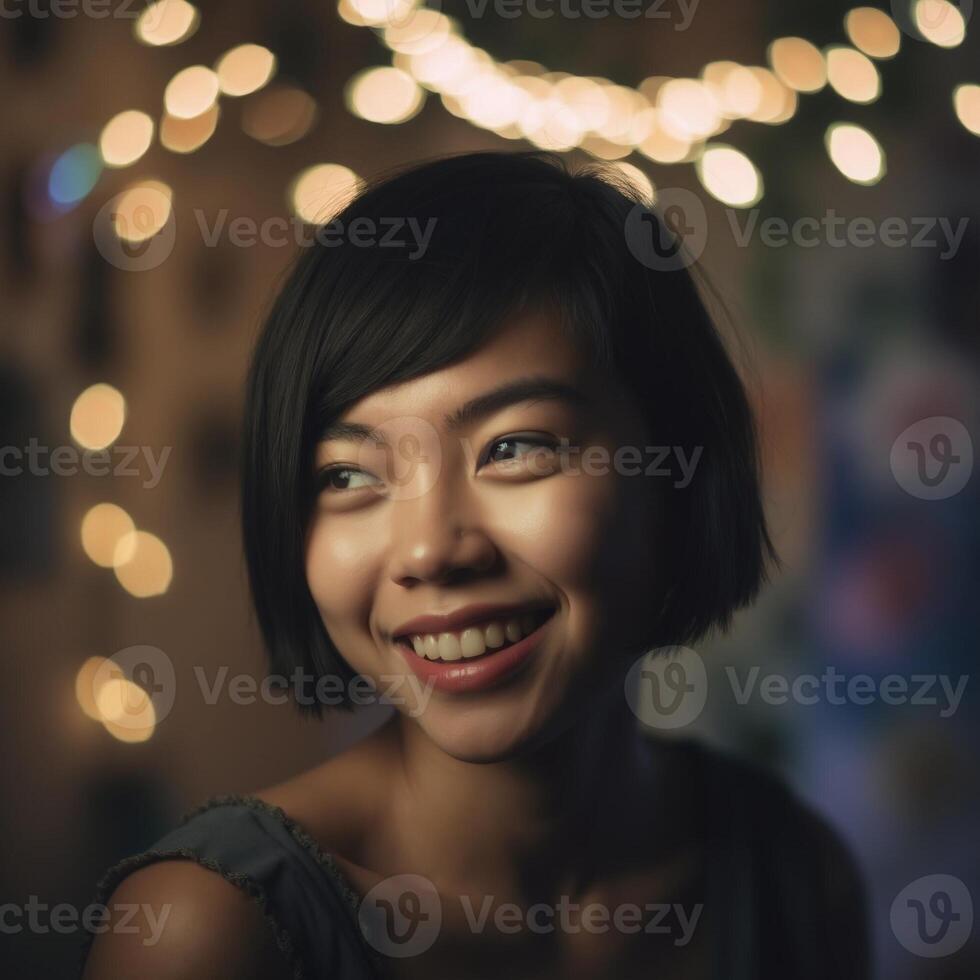 A woman with short hair is smiling and looking at the camera photo