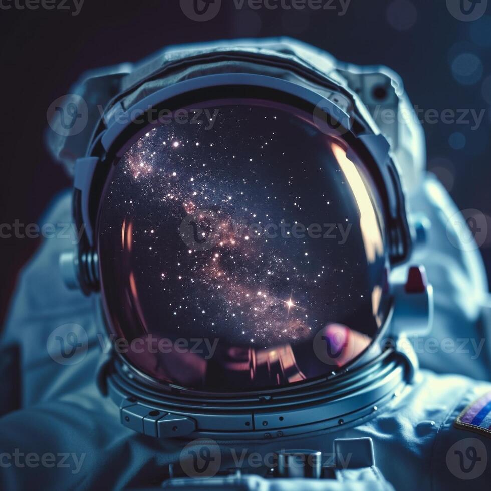 A man in a space suit with a view of the stars through his helmet photo