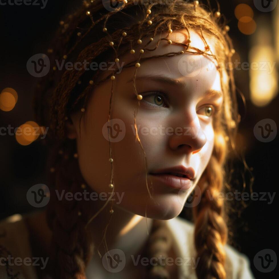 A woman with long brown hair and a gold headband photo