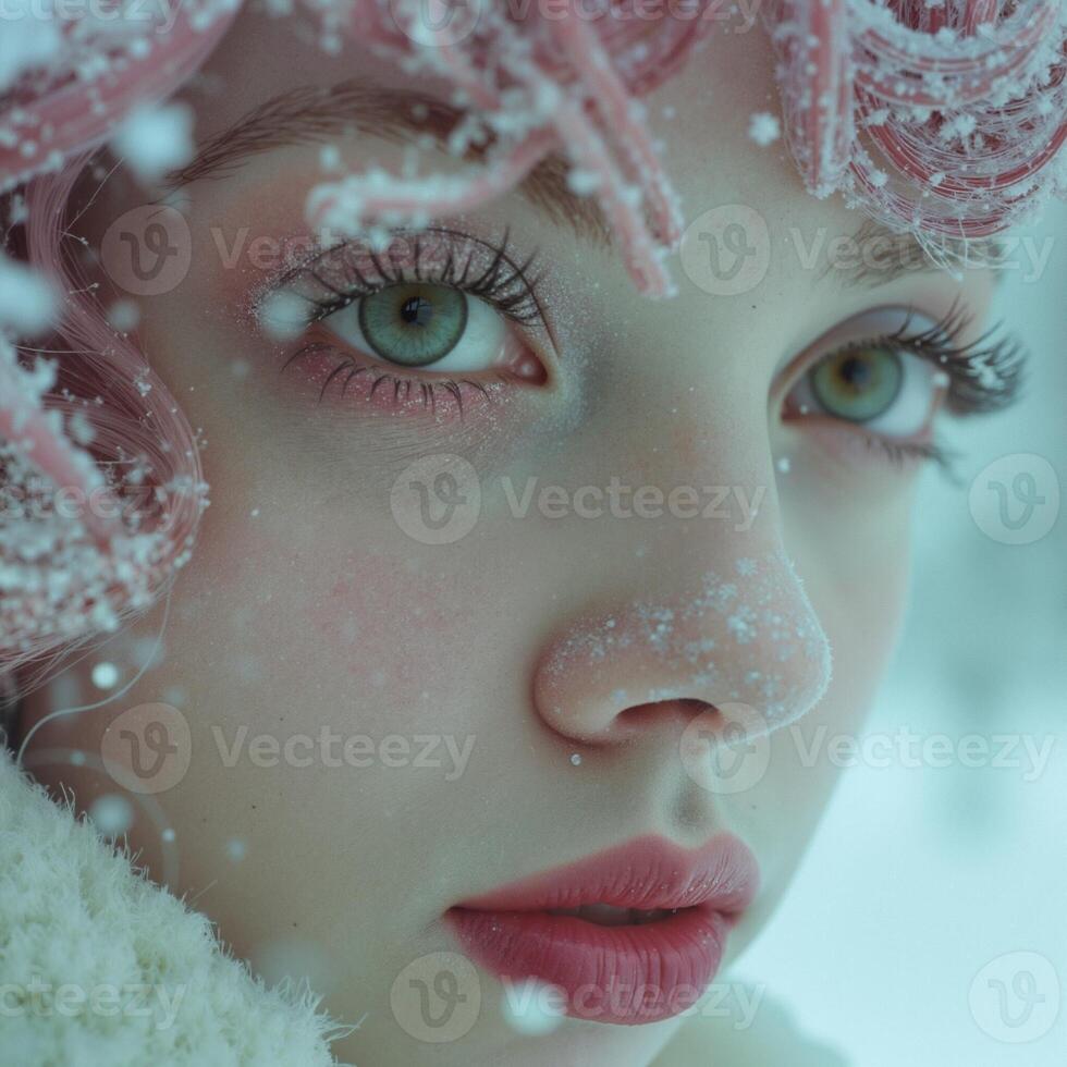 A woman with green eyes and pink hair is wearing a pink wig and a white coat photo