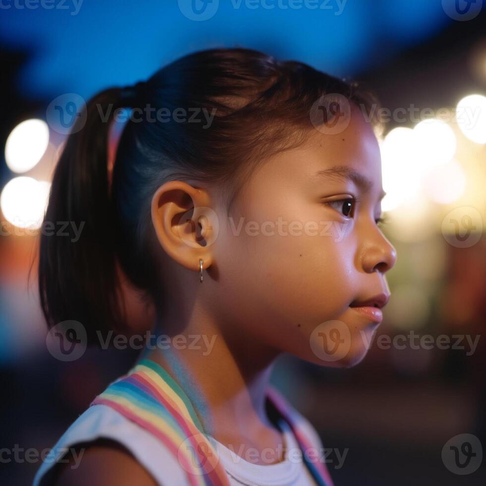 A young girl with a ponytail and earrings is looking at the camera photo
