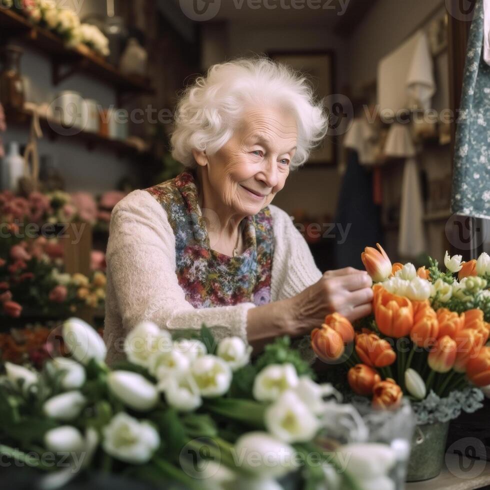 A woman is sitting at a table with flowers in a shop photo