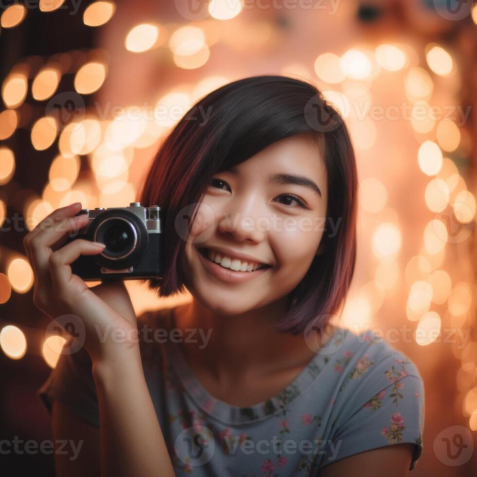 A woman is holding a camera and smiling photo