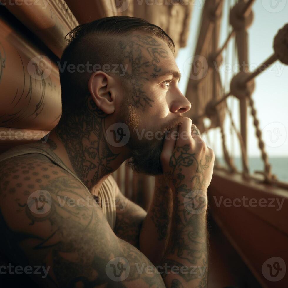 A man with tattoos on his arms and face is looking out the window photo