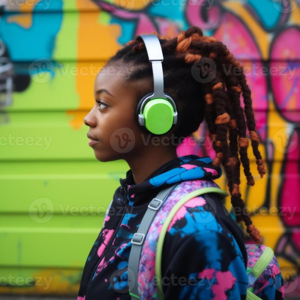 A young woman wearing headphones photo