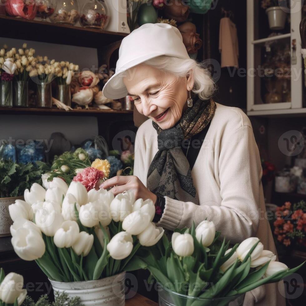 A woman is sitting at a table with a vase of white flowers in front of her photo