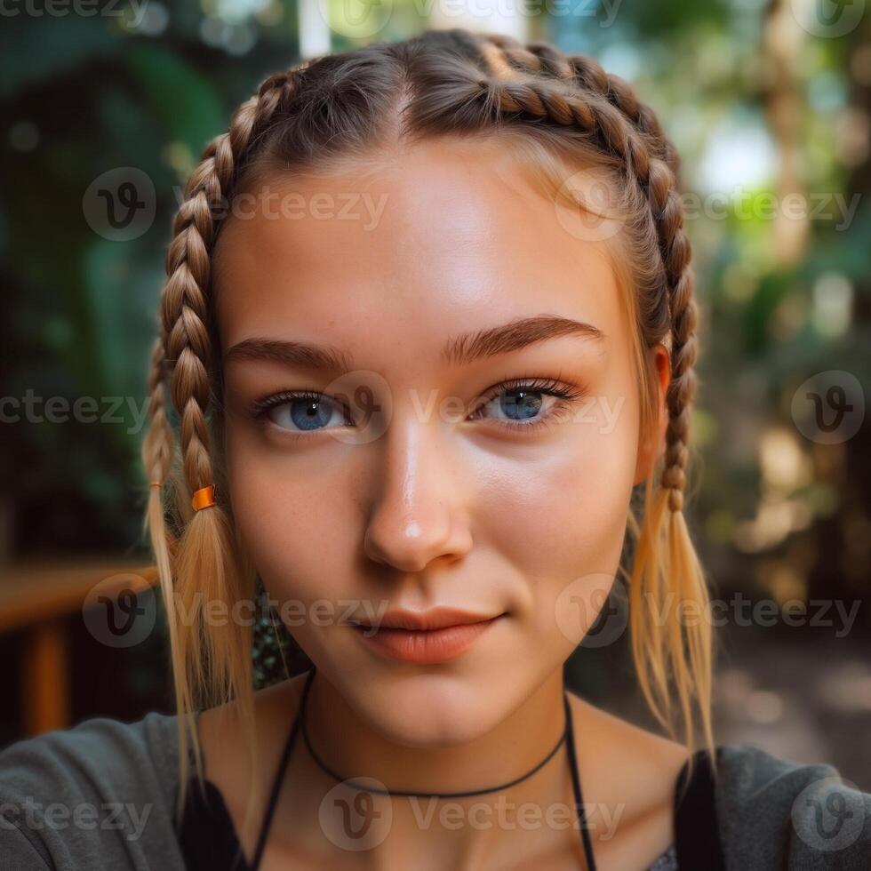 A woman with blonde hair and blue eyes is wearing a black shirt photo