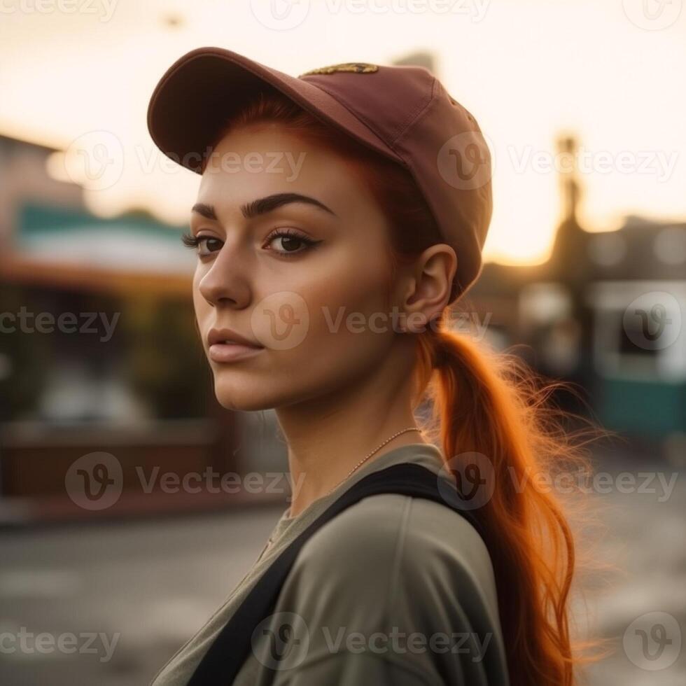 A woman with red hair and a brown hat is standing on a street photo