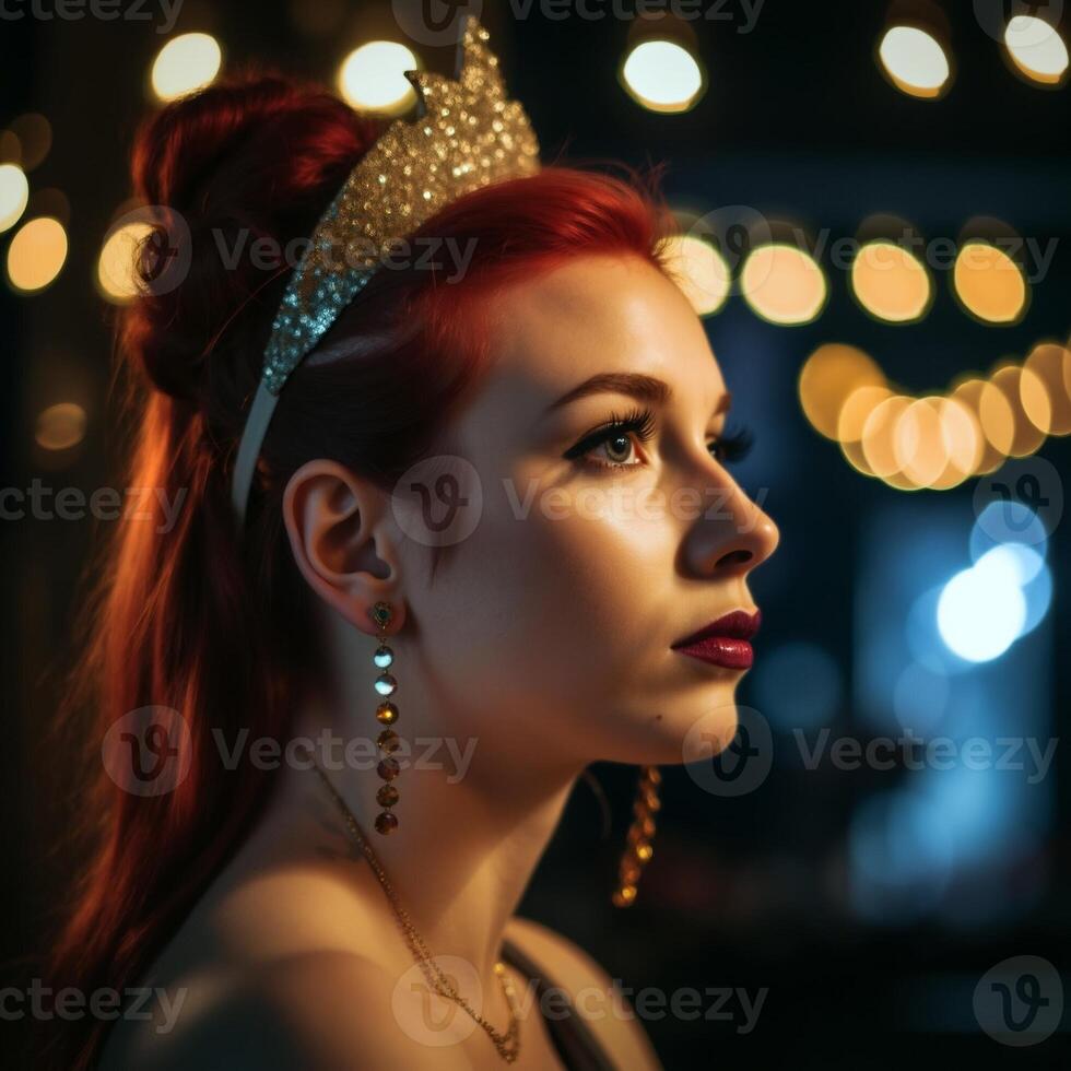 A woman with red hair and gold tiaras on her head photo