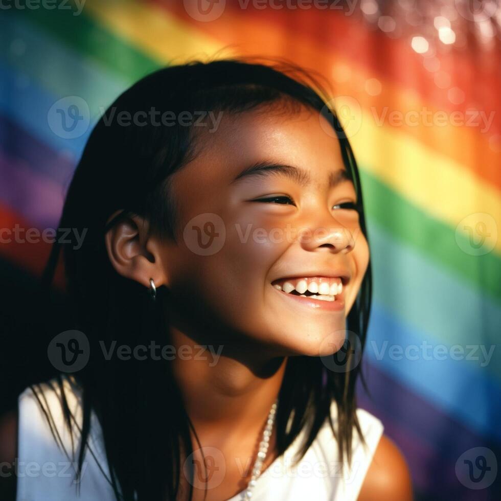 A young girl is smiling and looking at the camera photo