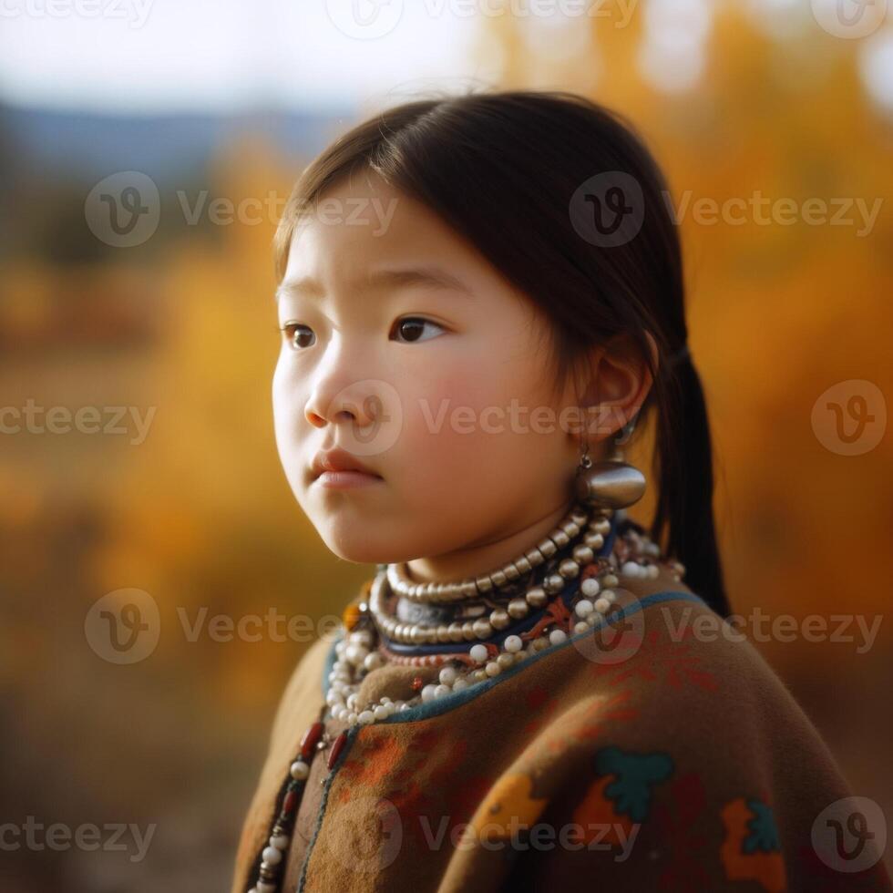 A young girl wearing a colorful scarf and a necklace with a silver bead on it photo