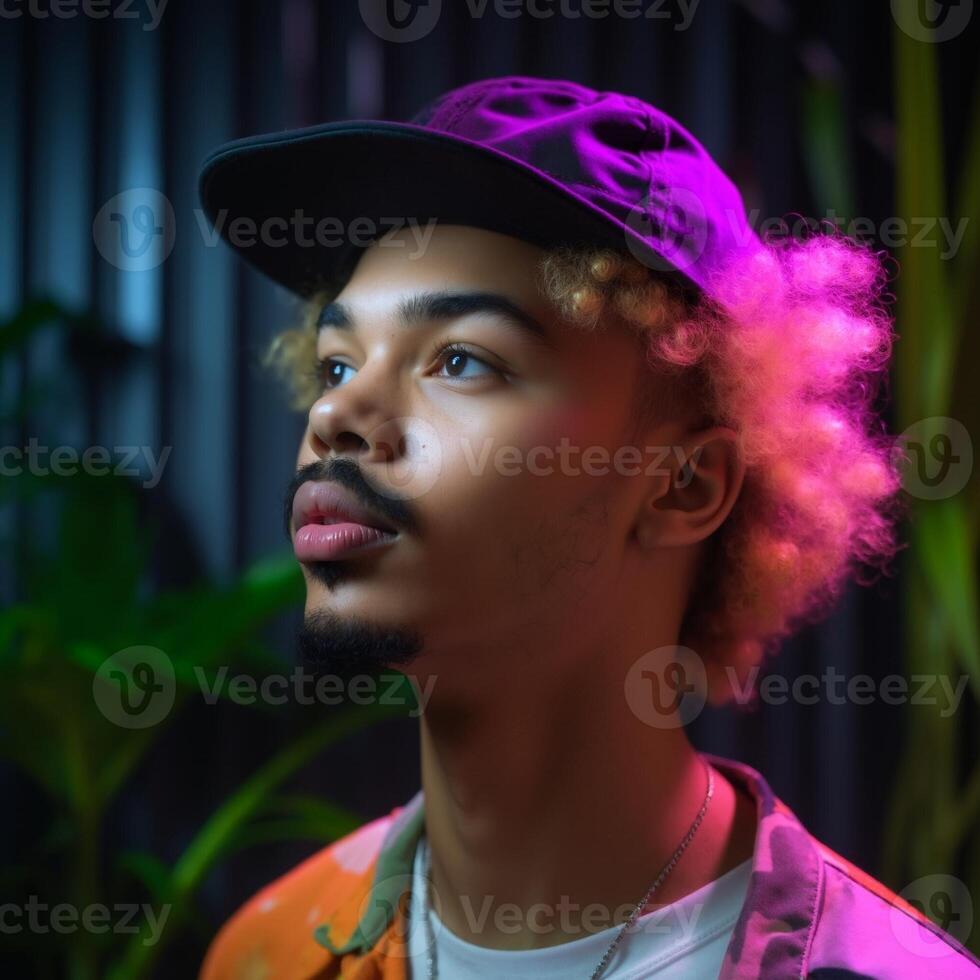 A man with a black hat and a beard is looking up at the camera photo