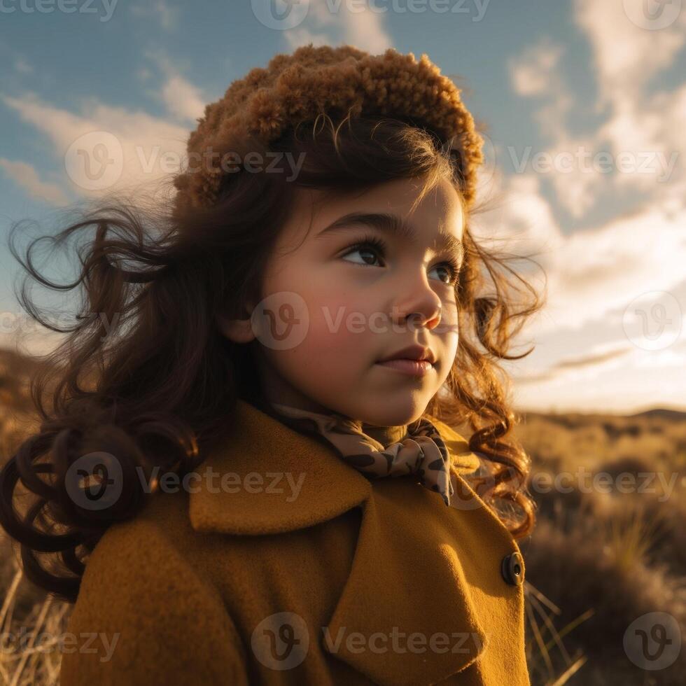 A young girl with long brown hair and a brown hat is standing in a field photo