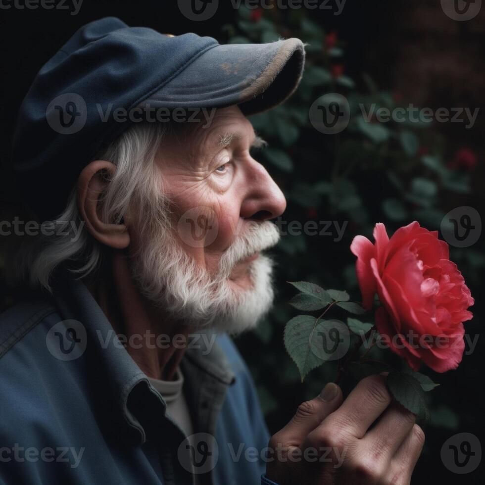 A man with a blue hat and gray hair holding a red rose photo