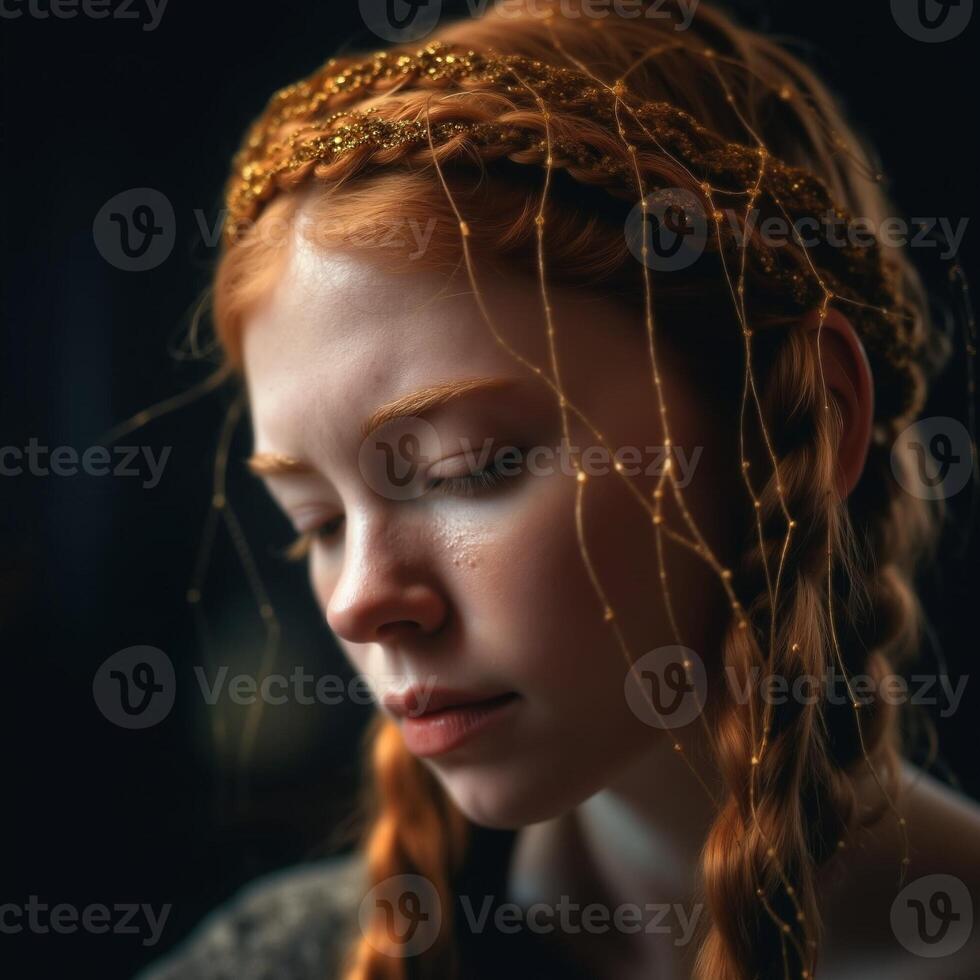 A girl with red hair wearing a gold headband photo