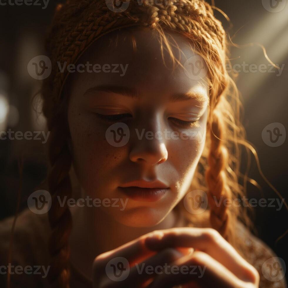 A girl with red hair and a knit headband is looking down at her hands photo