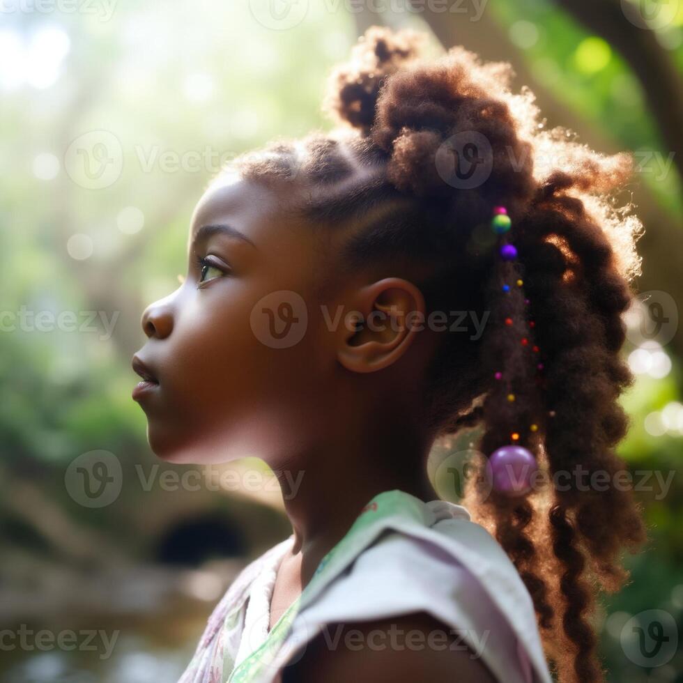 A young girl with long hair and a ponytail is looking up at the sky photo