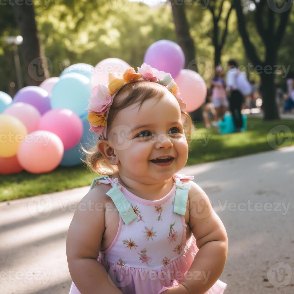 A young girl wearing a flowery headband photo