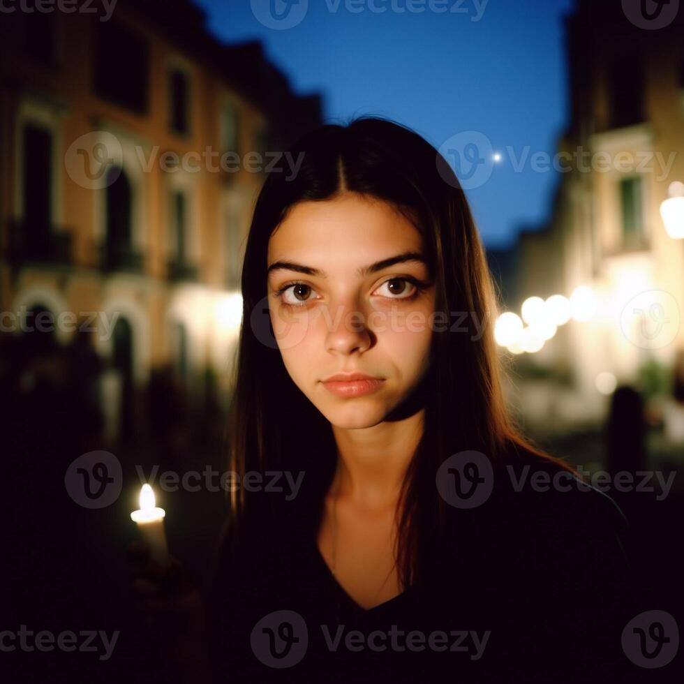 A woman is holding a candle in a dark alleyway photo