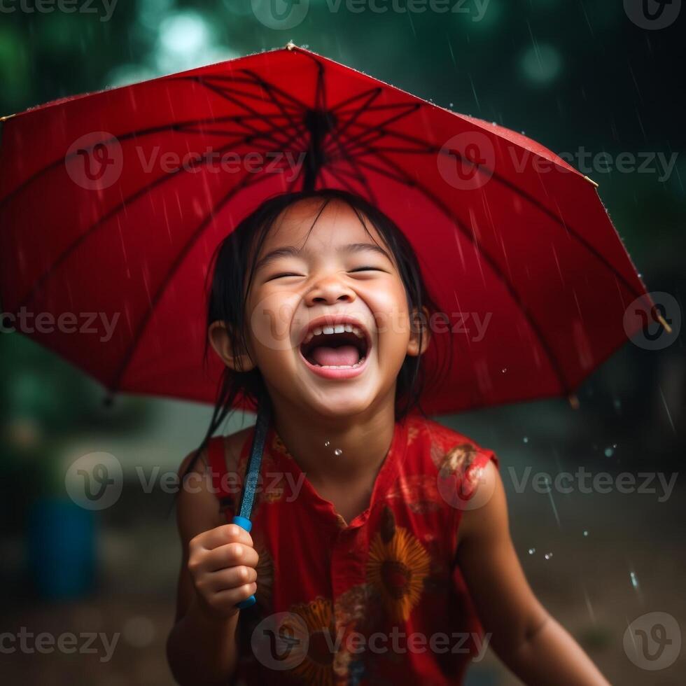 A young girl is holding a red umbrella and smiling photo