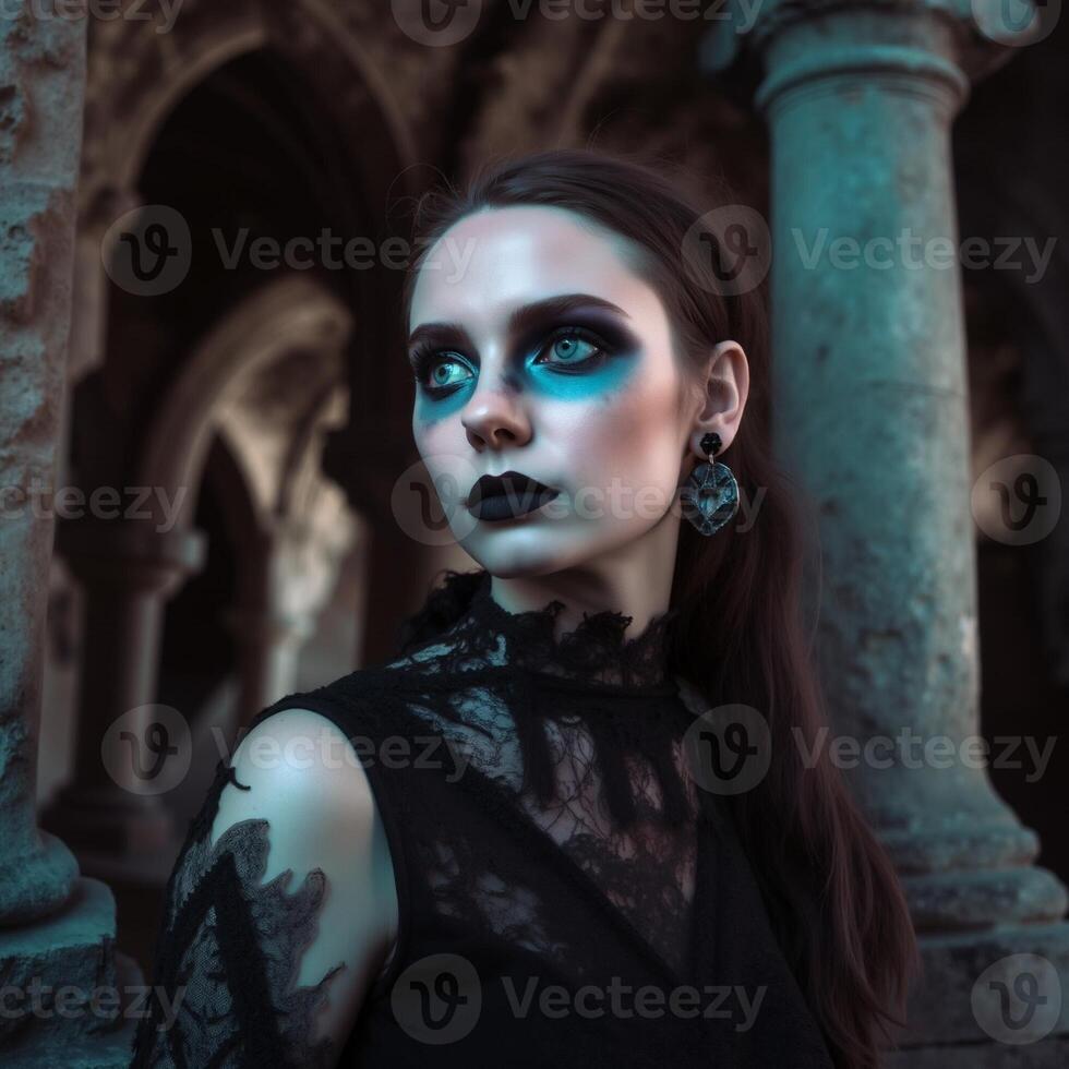 A woman with blue eyes and black makeup stands in front of a stone pillar photo