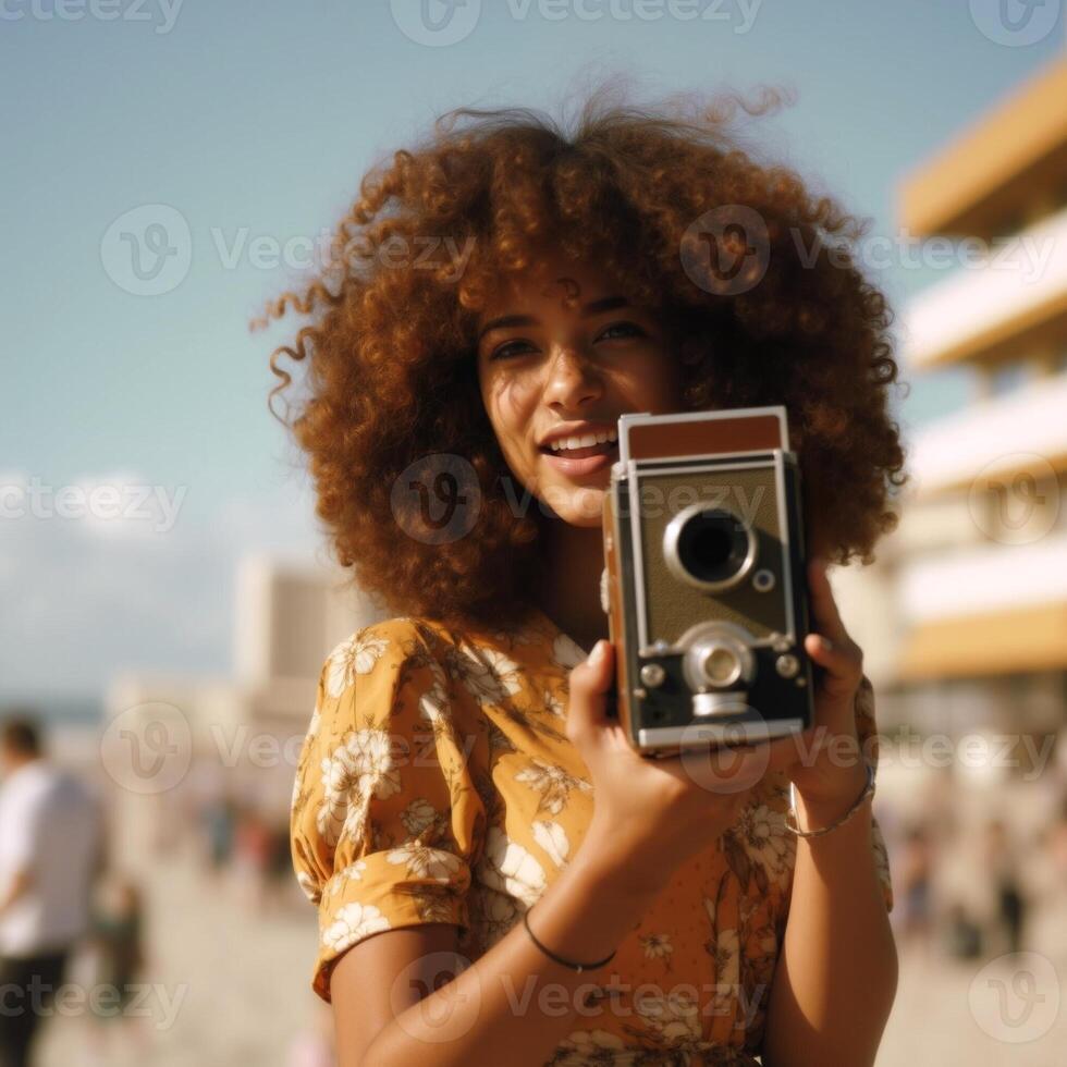 A woman with curly hair is holding a camera photo