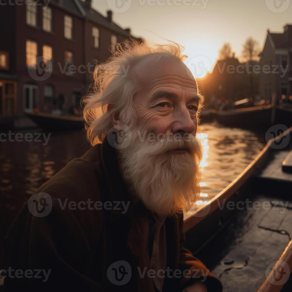 A man with a long beard sits in a boat on a river photo