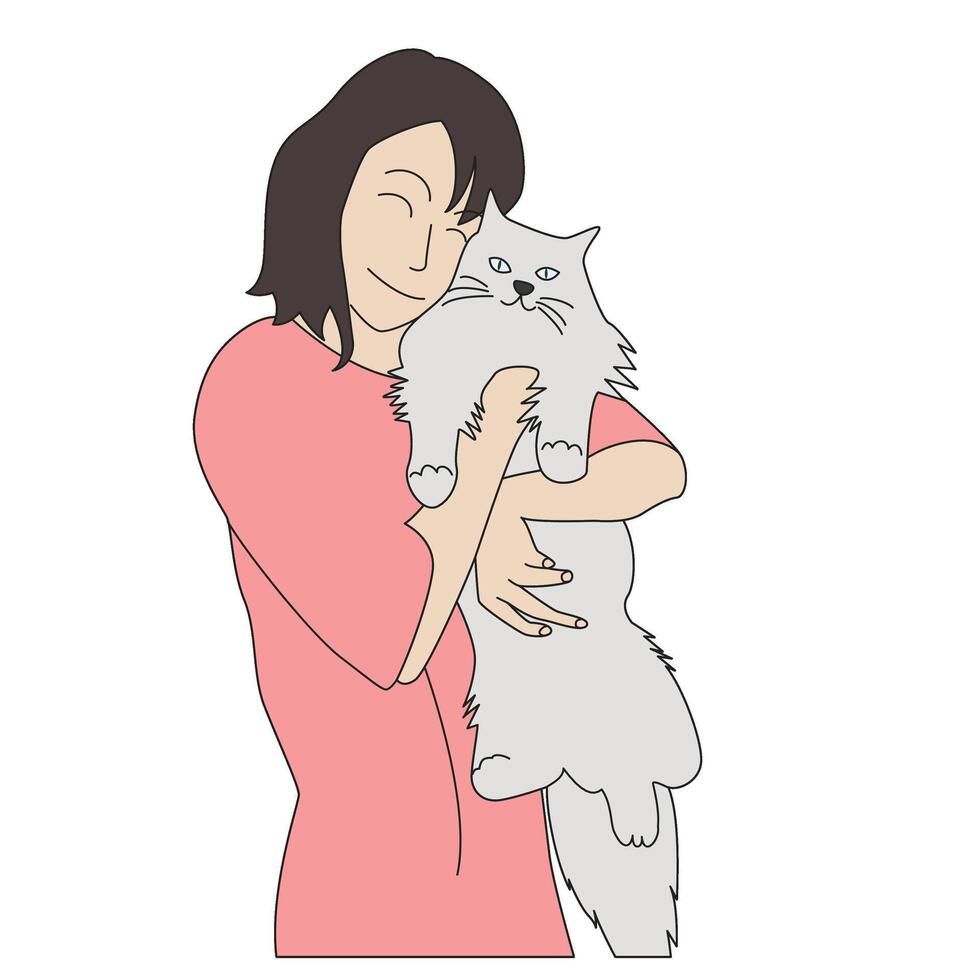 Woman smiling hugging a furry cat Pet Illustration vector