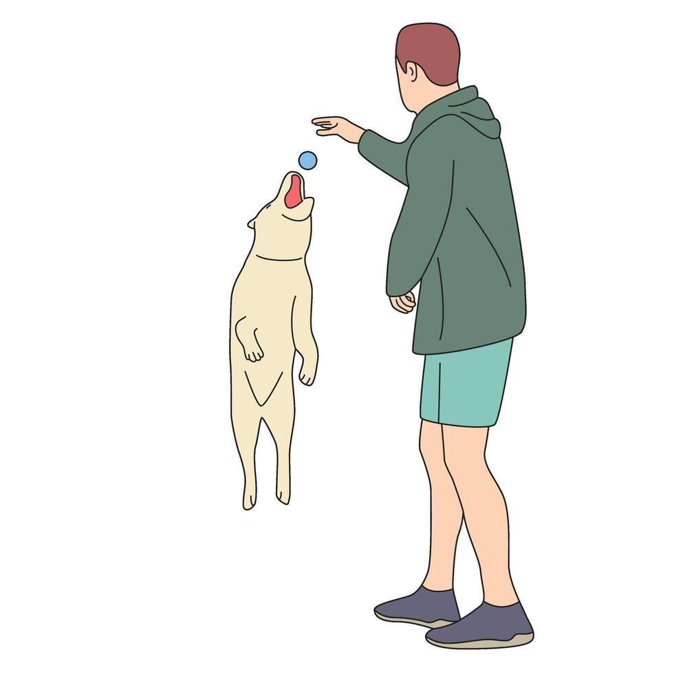 Man playing ball with his dog puppy Pet Illustration vector