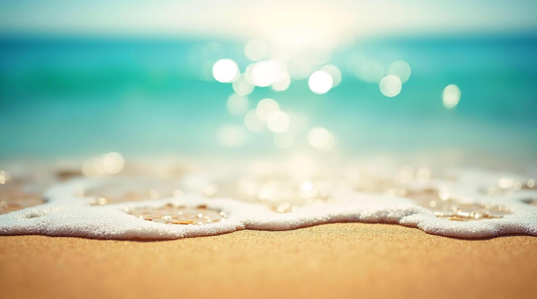 Sea foam on the beach with sun shining through photo