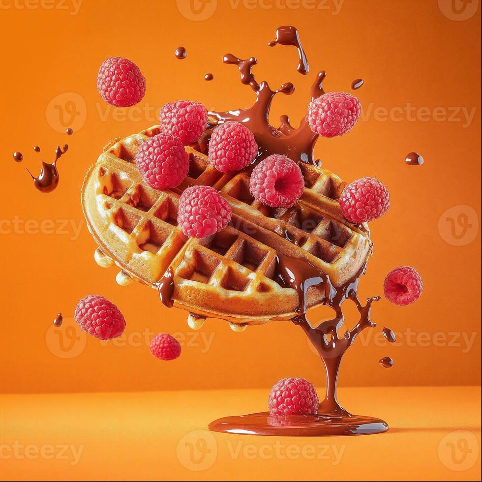 Delicious waffle with fresh raspberries and chocolate sauce splash photo