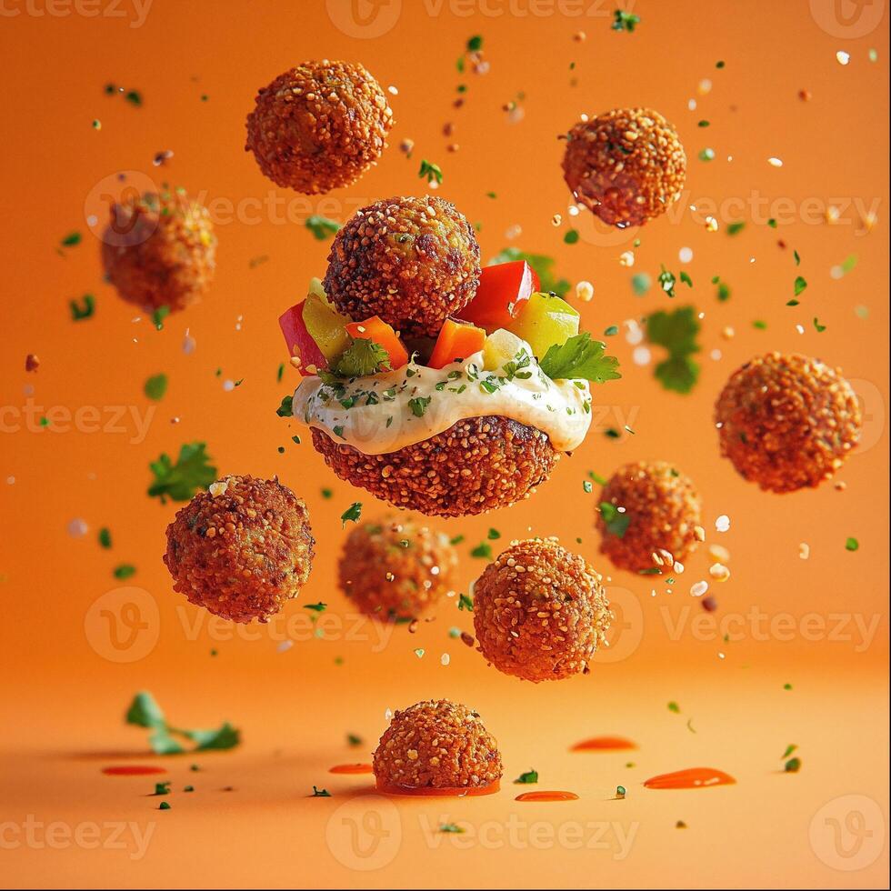 Floating savory snacks with colorful toppings photo