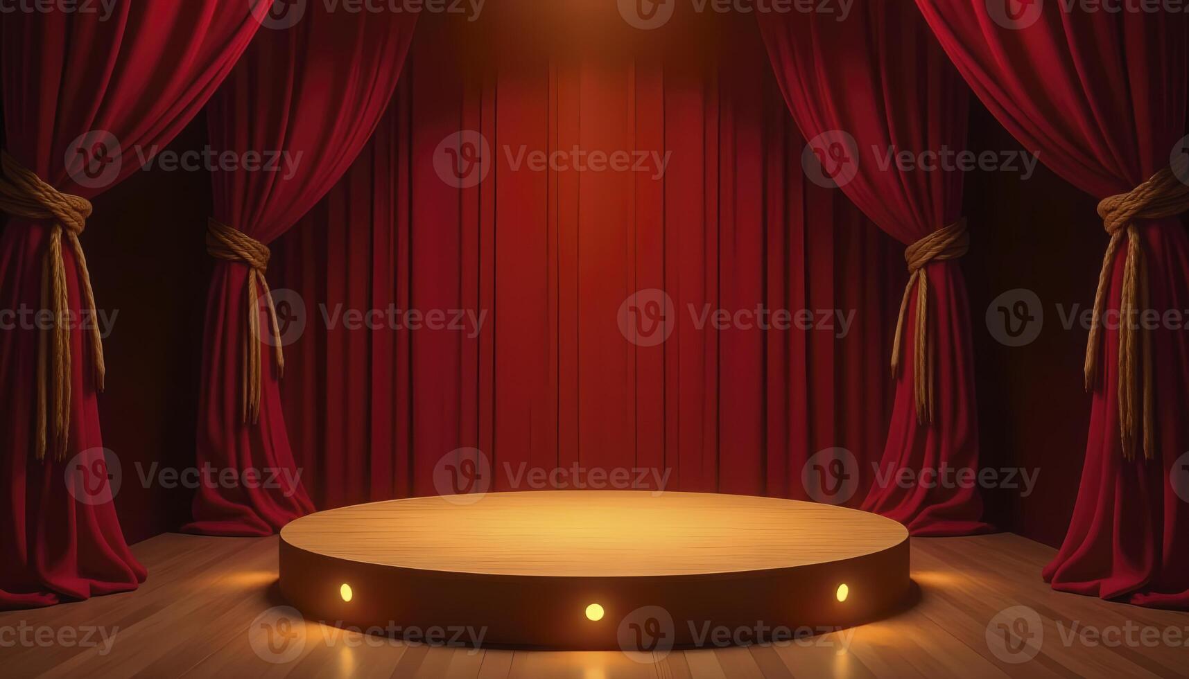 Theatre stage with a round podium with red velvet curtains and golden tassels photo