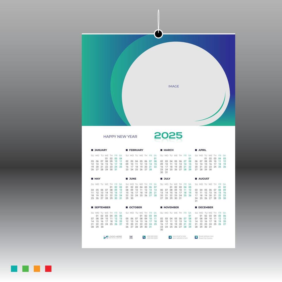 2025 wall calendar layout for 12 month vector